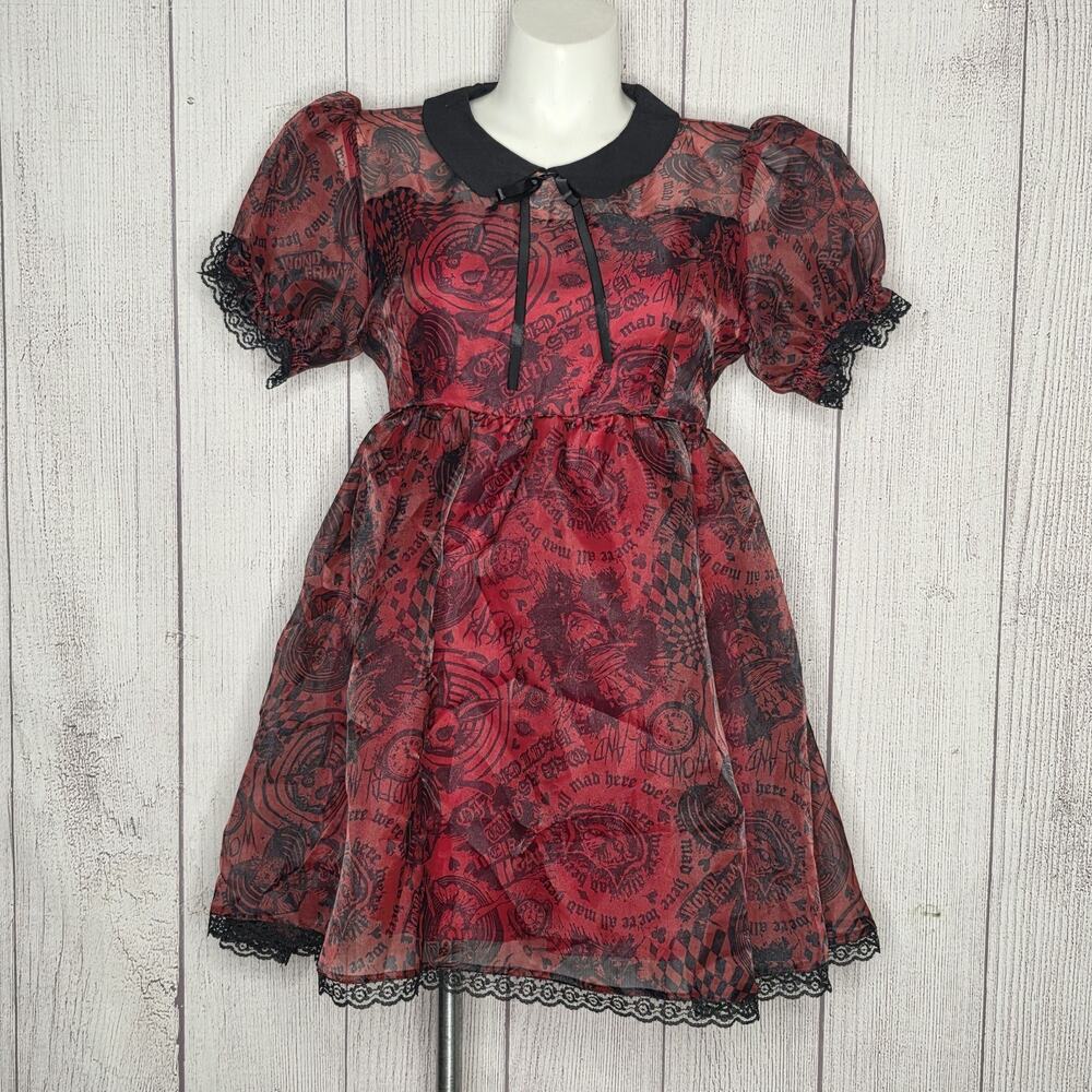 Social Collision XL Red Black Gothic Alice Punk Puff Sleeve Mini Dress